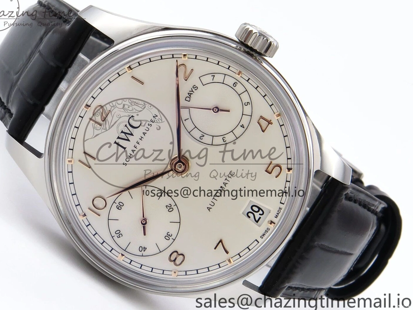 MIROTIME 0308 OnTrend Portugieser Automatic 42mm SS APSF 1:1 Best Edition White RG Dial on Black Leather Strap A 7010